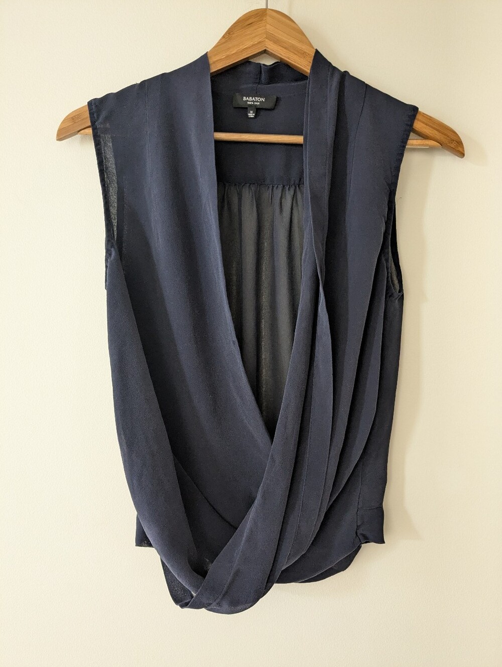 Aritzia Babaton 100% Silk Draped Wrap Sleeveless Blouse Navy Blue Medium